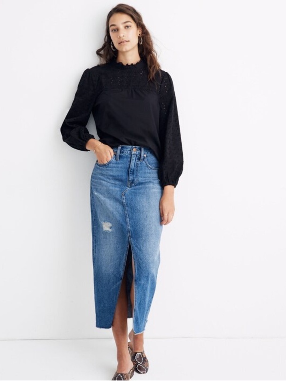 Madewell Eyelet Black Puff Sleeve Blouse with Mockneck Ruffle Top